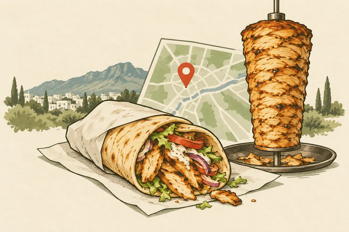 Tavuk döner dürümü, döner ocağı ve konum işareti illüstrasyonu