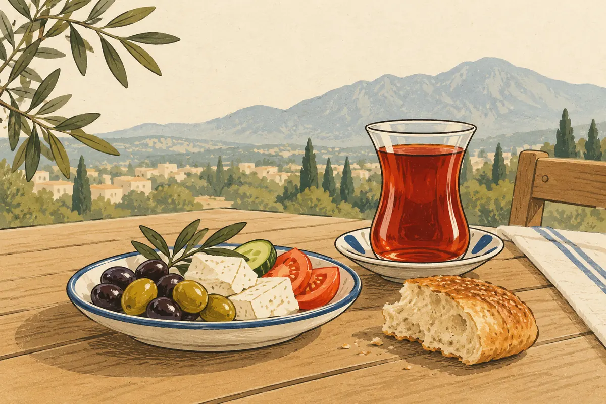 Kahvaltı planını anlatan çay bardağı, peynir, zeytin ve ekmek illüstrasyonu