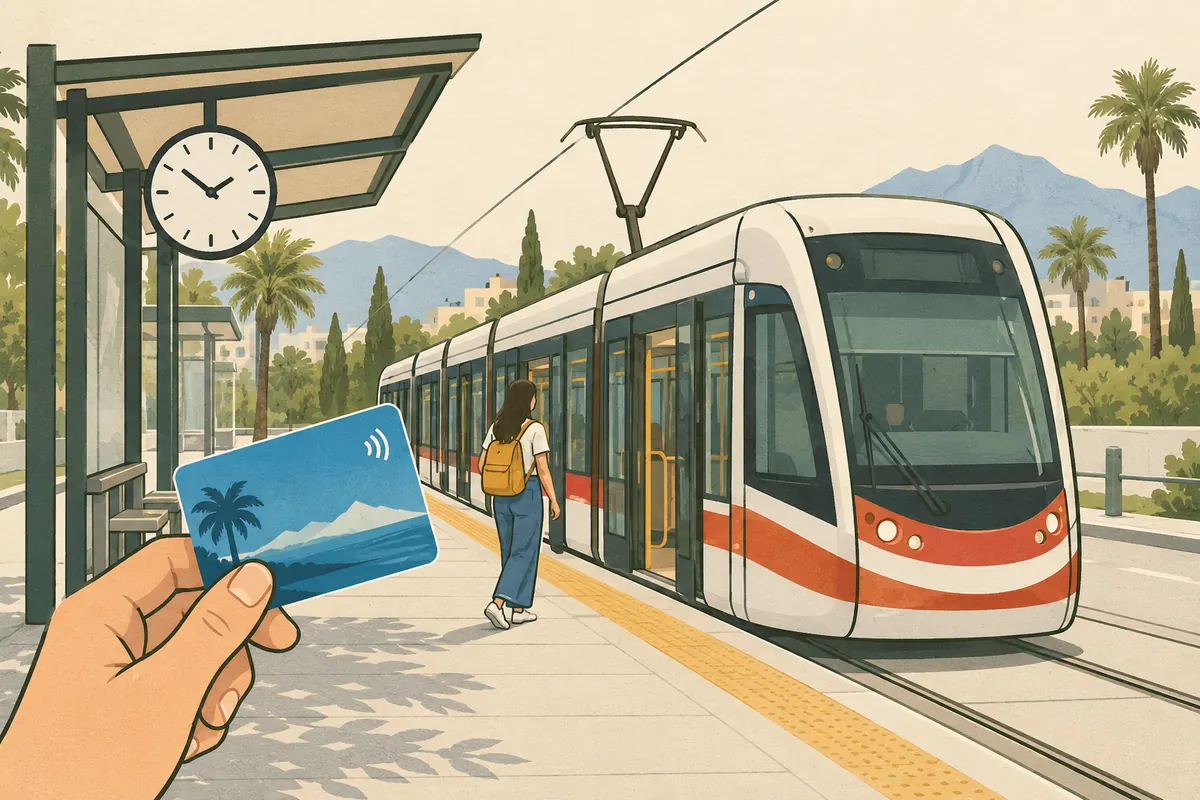 Günlük tramvay ulaşımını anlatan tramvay, durak, saat ve ulaşım kartı illüstrasyonu